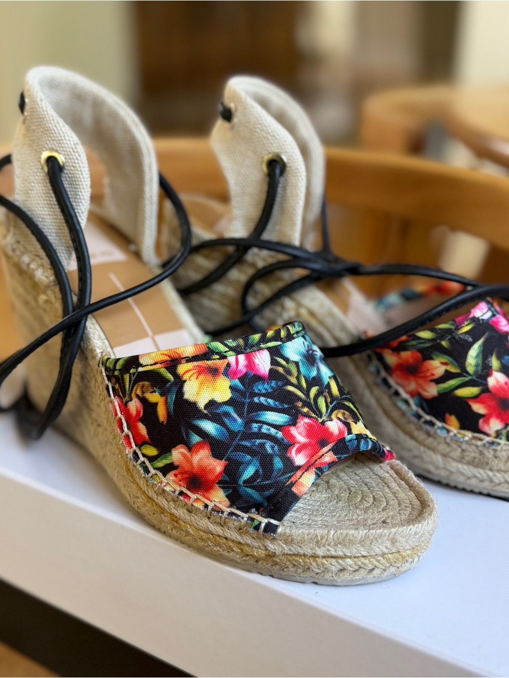 Dolce Vita Black Floral Espadrille Wedge Sandals